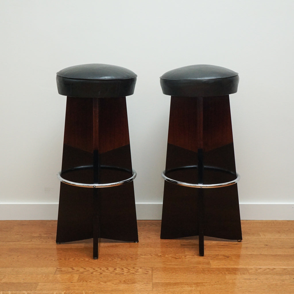 Pair of Vintage Art Deco Style Wood and Chrome Barstools